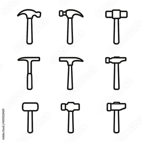 Hammer Icon Set. Outline icon set of hammer types: claw hammer, ball peen hammer, sledgehammer, mallet, tack hammer, cross peen