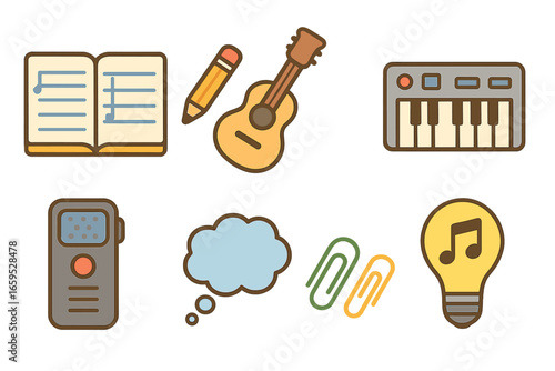 Kid's Songwriting Tools. Flat vector mini-illustrations Songwriting setup for kids in colors children's