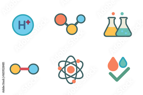 pH Chemistry Icon Set. Flat vector mini-illustrations pH-related chemistry concepts in colors children's illustrations: hydrogen