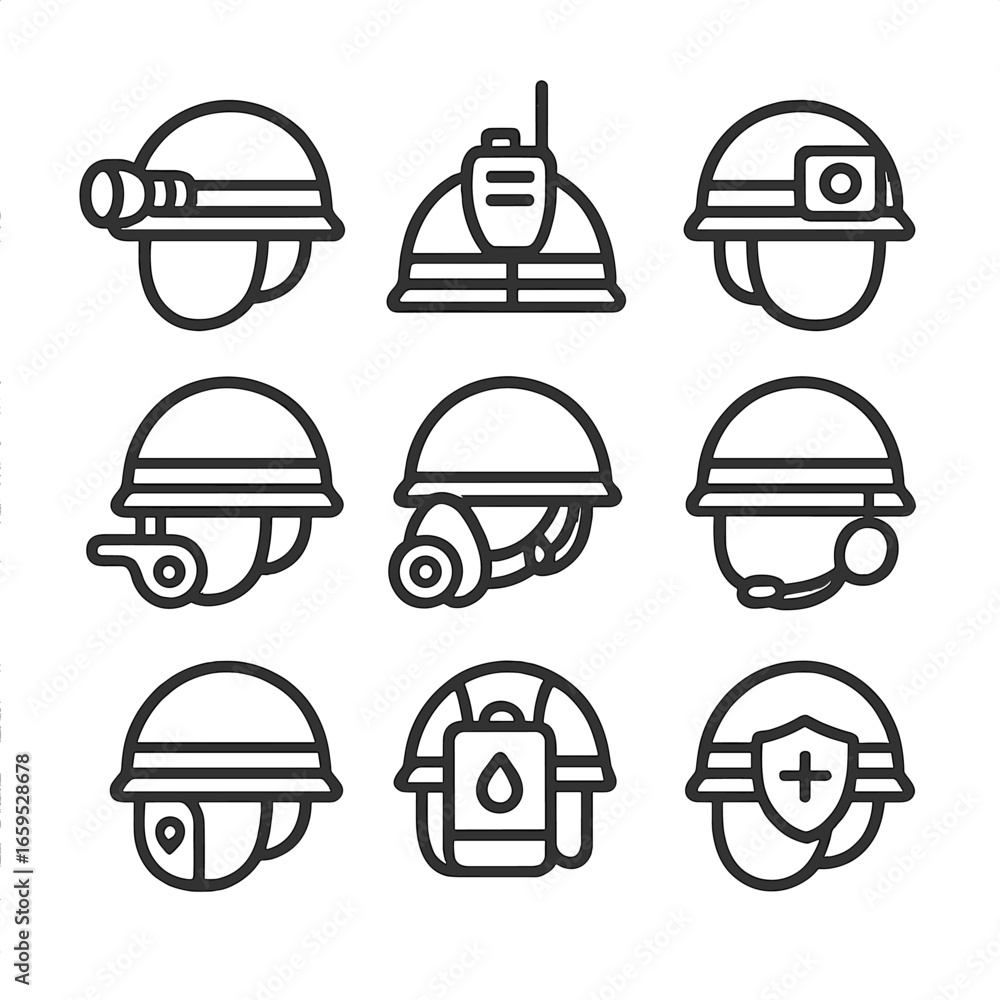 Fototapeta premium Helmet Gear Icons Set. Outline icon set of helmet emergency gear: helmet flashlight, helmet radio, helmet camera, helmet whistle,