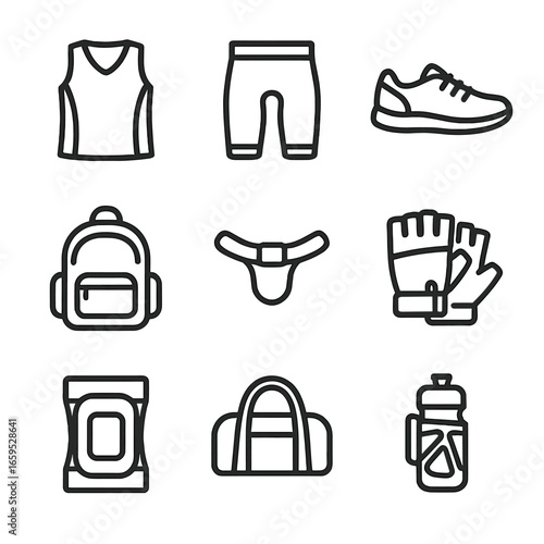 Nylon Sports Icon Set. Outline icon set of nylon sports equipment: sports jersey, cycling shorts, running shoes, backpack, helmet