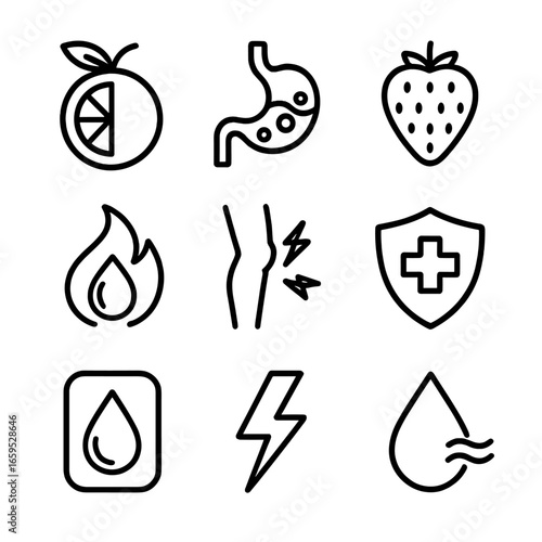Health Benefit Icons. Outline icon set of zesty health benefits: vitamin C, digestion aid, antioxidant, metabolism boost,