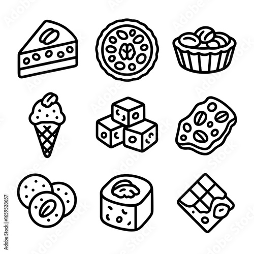 Nut Dessert Icons. Outline icon set of nut desserts: nut cake, nut pie, nut tart, nut ice cream, nut fudge, nut brittle, nut