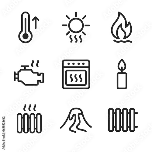 Heat Icon Set. Outline icon set of temperature rise: thermometer up, sun heat rays, flame rising, heat waves, engine heat, oven