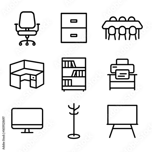 Office Furniture Icons. Outline icon set of office furniture: office chair, filing cabinet, conference table, cubicle desk,