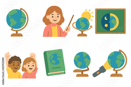 Kids Explore Earth's Rotation. Flat vector mini-illustrations Kids learning about Earth’s rotation in colors