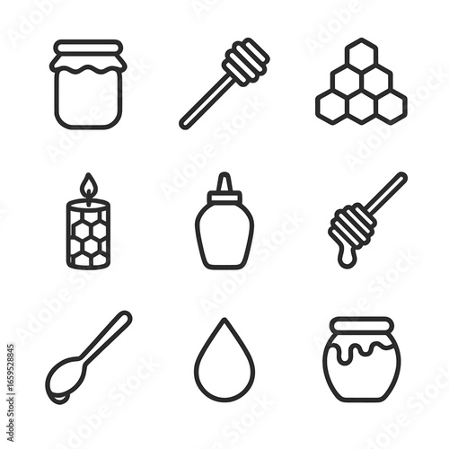 Honey Icons Grid. Outline icon set of honey products: honey jar, honey dipper, honeycomb, beeswax candle, honey bottle, honey