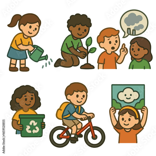 Kids Fighting Pollution. Flat vector mini-illustrations Kids fighting air pollution in colors children's