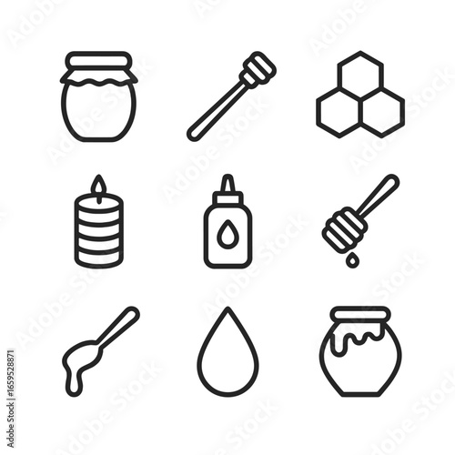 Honey Icons Grid. Outline icon set of honey products: honey jar, honey dipper, honeycomb, beeswax candle, honey bottle, honey