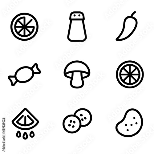 Pickled Flavor Icons. Outline icon set of pickled flavor profiles: sour, salty, spicy, sweet, umami, tangy, pungent, crunchy,