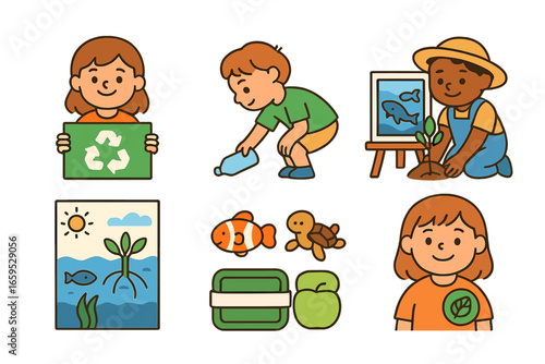 Kids Save Oceans. Flat vector mini-illustrations of kids protecting oceans in colors children's illustrations: