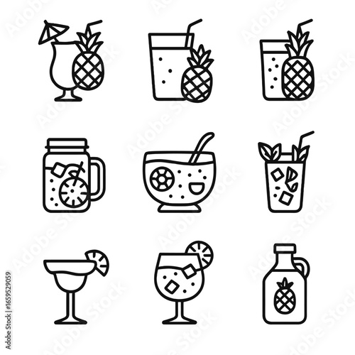 Pineapple Drink Icons. Outline icon set of pineapple beverages: piña colada, pineapple juice, pineapple soda, pineapple iced tea,