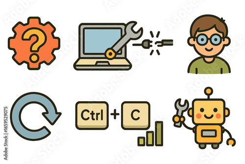 Kids Tech Support Icons. Flat vector mini-illustrations tech support help in colors children's illustrations: