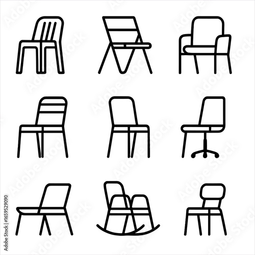 Plastic Chair Icons. Outline icon set of plastic chairs: stackable chair, folding chair, armchair, garden chair, dining chair,