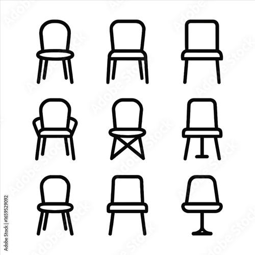 Plastic Chair Icon Set. Outline icon set of plastic chair shapes: round seat, square seat, curved back, straight back, armrest