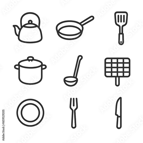Iron Utensil Icons. Outline icon set of iron utensils: iron kettle, iron pan, iron spatula, iron pot, iron ladle, iron grill, iron