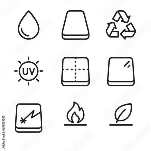 Plastic Icon Set. Outline icon set of plastic table materials: polyethylene, polypropylene, recycled plastic, UV stabilized