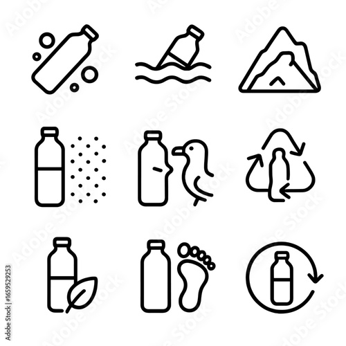 Plastic Impact Icons. Outline icon set of plastic bottle environmental impact: pollution, ocean waste, landfill, microplastics,