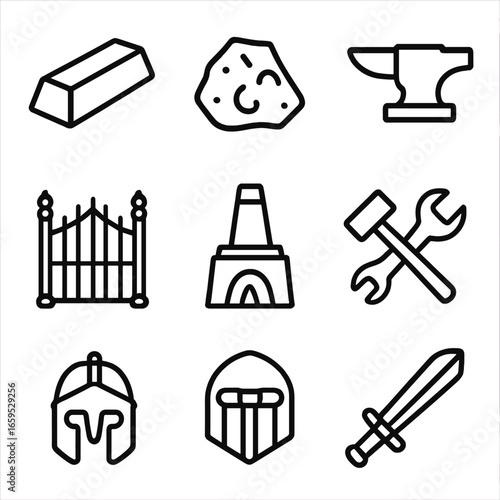 Iron Icon Set. Outline icon set of iron (Fe) related objects: iron ingot, iron ore, iron nail, iron anvil, iron gate, iron furnace