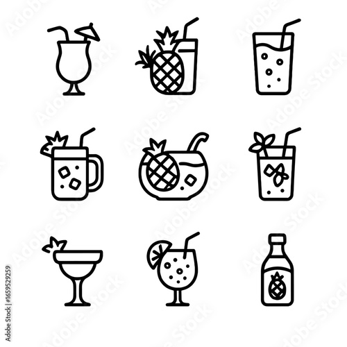 Pineapple Drink Icons. Outline icon set of pineapple beverages: piña colada, pineapple juice, pineapple soda, pineapple iced tea,