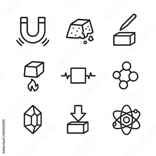 Iron Properties Icons. Outline icon set of iron properties: magnetic field, rust, hardness, melting point, conductivity, alloy,