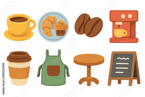 Kids' Café Icons. Flat vector mini-illustrations coffee shop franchises in colors children's illustrations: