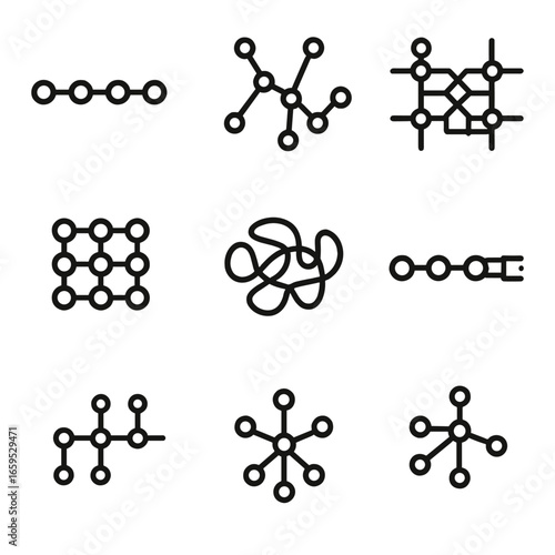 Polymer Icon Set. Outline icon set of polymer structures: linear, branched, crosslinked, network, crystalline, amorphous, block