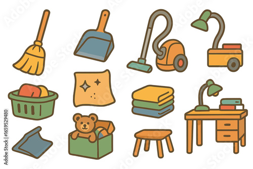Kids' Cleaning Icons. Flat vector mini-illustrations Bedroom cleaning routine in colors children's