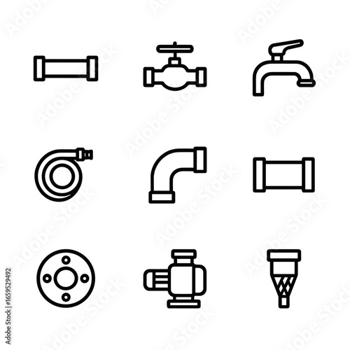 Plumbing Icon Set. Outline icon set of plumbing components: pipe, valve, faucet, hose, elbow joint, coupler, flange, pump, filter.