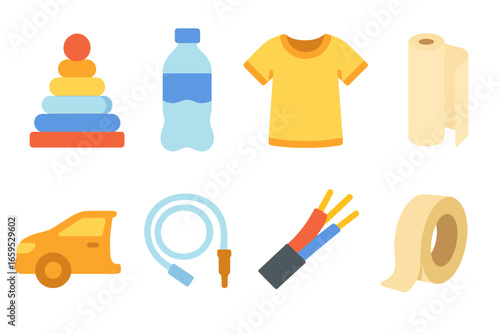 Polymer Uses Icons. Flat vector mini-illustrations polymer uses in colors children's illustrations: plastic toy, water bottle,