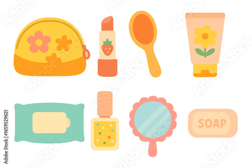Kids' Cosmetic Essentials. Flat vector mini-illustrations kid’s cosmetic bag in colors children's