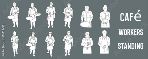 Architectural Drawings Cafe workers standing, some holding trays, some with coffee cups, some behind counter gestures, top front perspective view vector illustration, top view, human person 