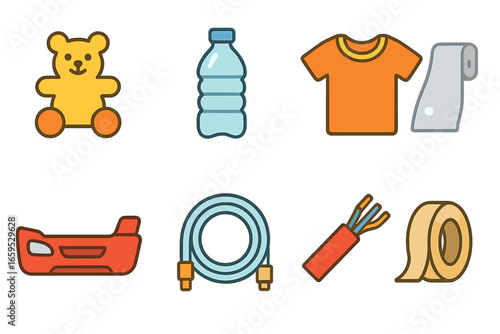 Polymer Uses Icons. Flat vector mini-illustrations polymer uses in colors children's illustrations: plastic toy, water bottle,