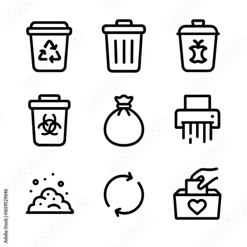 Recycling Icon Set. Outline icon set of container recycling and disposal: recycle bin, waste bin, compost bin, hazardous waste