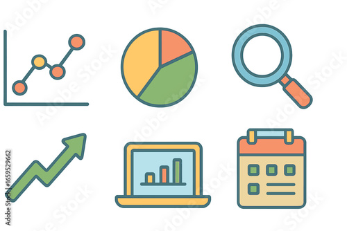 Kids' Data Analysis. Flat vector mini-illustrations data trends analysis in colors children's illustrations: