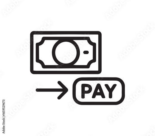 Simple line art icon representing a banknote with an arrow pointing to a button labeled pay