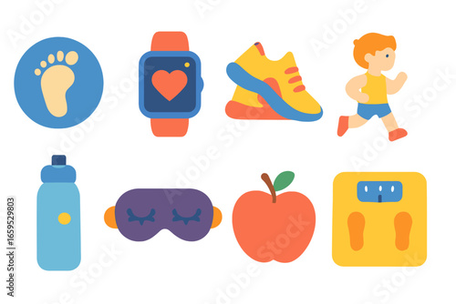 Kids' Fitness Icons. Flat vector mini-illustrations daily activity tracking in colors children's illustrations