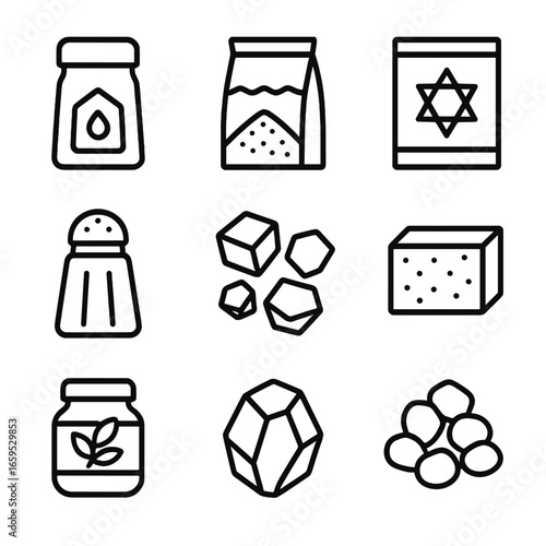 Salty Seasoning Icons. Outline icon set of salty seasonings: table salt, sea salt, kosher salt, Himalayan salt, salt shaker, salt