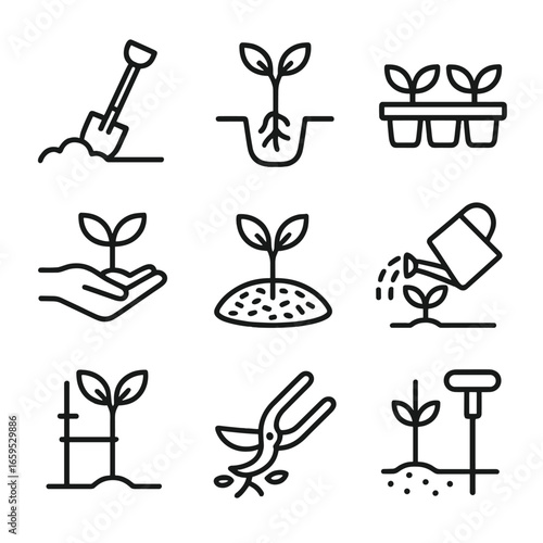 Sapling Planting Icons. Outline icon set of sapling planting methods: digging hole, transplanting, seedling tray, hand planting,