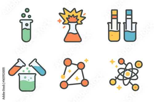 Science Reaction Icons. Flat vector mini-illustrations reaction in science in colors children's illustrations: test tube reaction,