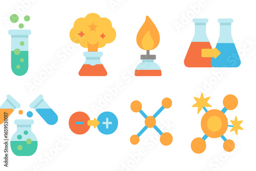 Science Reaction Icons. Flat vector mini-illustrations reaction in science in colors children's illustrations: test tube reaction,