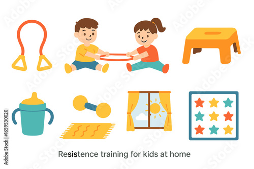 Kids' Home Exercise Icons. Flat vector mini-illustrations Resistance training for kids at home in colors