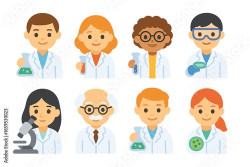 Scientists Illustration Grid. Flat vector mini-illustrations scientist in lab coat in colors children's illustrations: male