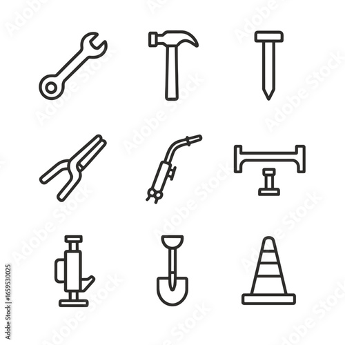 Railway Tools Icon Set. Outline icon set of railway maintenance tools: wrench, hammer, spike, rail cutter, welding torch, track