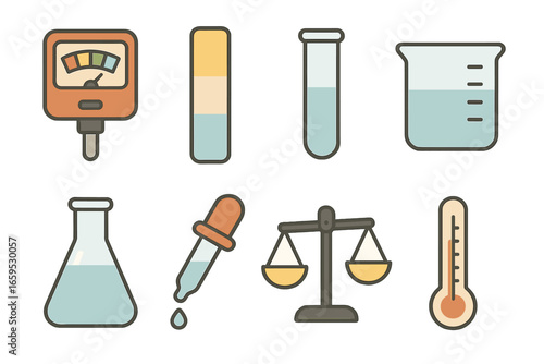 Scientific Tools Icons. Flat vector mini-illustrations neutral scientific indicators in colors children's illustrations: pH meter,
