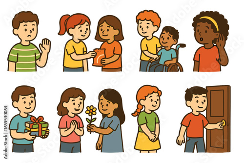 Kids' Life Lessons Icons. Flat vector mini-illustrations life lessons for kids in colors children's