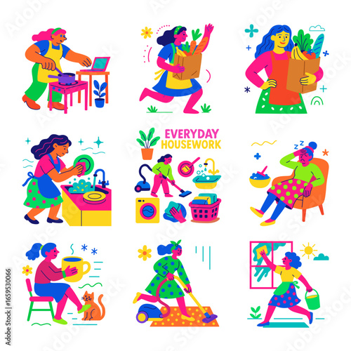 Set. Woman doing everyday housework. Vector illustration in flat style. Neon colors.