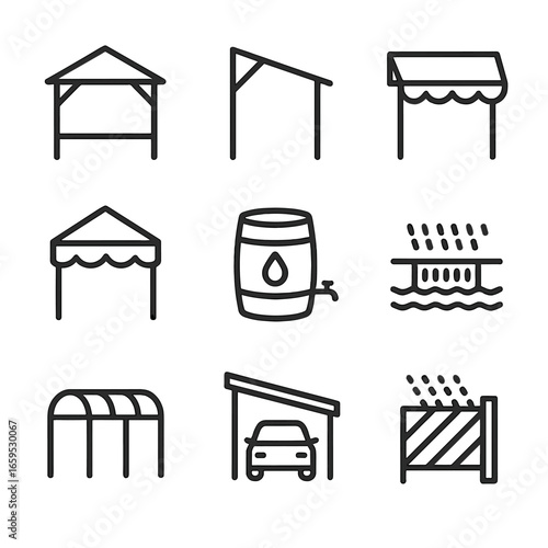 Rain Protection Icons. Outline icon set of rain protection structures: gazebo, rain shelter, awning, canopy, rainwater barrel,