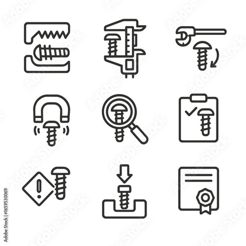 Screw Inspection Icons. Outline icon set of screw inspection: screw thread gauge, screw length measurement, screw torque testing,