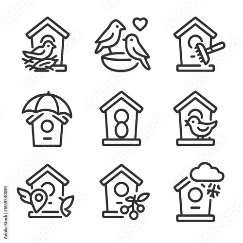 Seasonal Birdhouse Icons. Outline icon set of birdhouse seasons: spring nesting, summer care, autumn cleaning, winter protection,